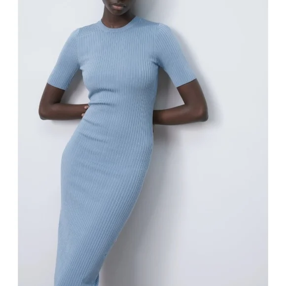 Zara back vent Short Sleeve Knit Stretch Midi dress Sz-S - Picture 2 of 8